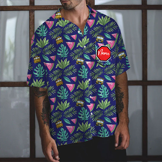 Hawaiian Shirt with School Bus Pattern - Custom Pocket