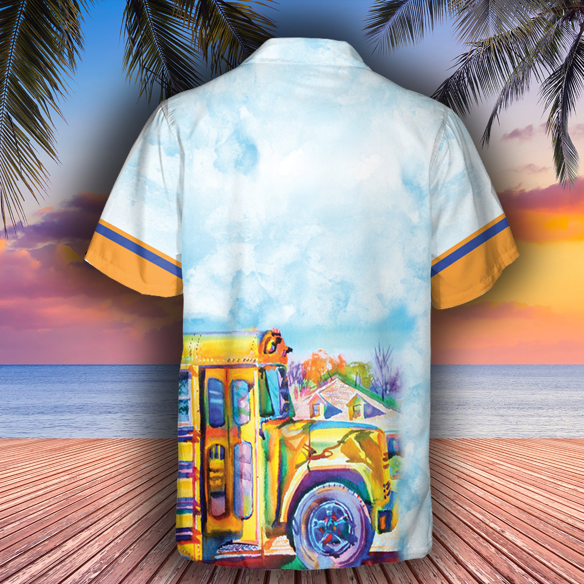 Hawaiian Shirt with School Bus water color