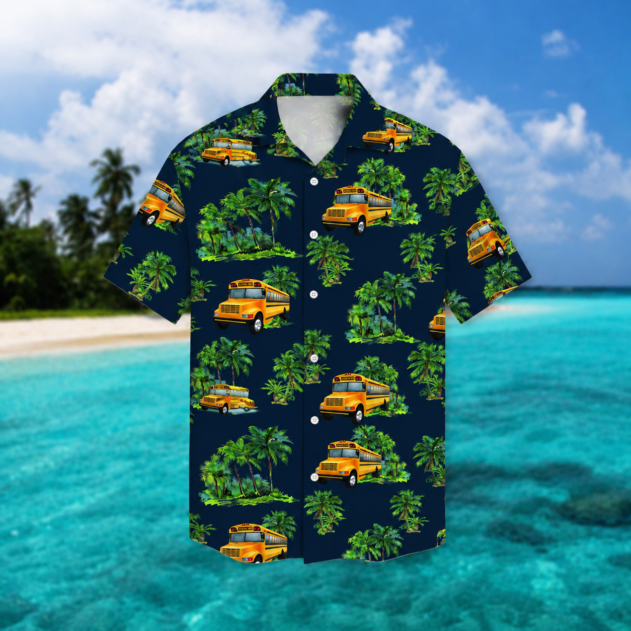 School buses & coconut tree pattern Short-Sleeve Hawaiian Shirt