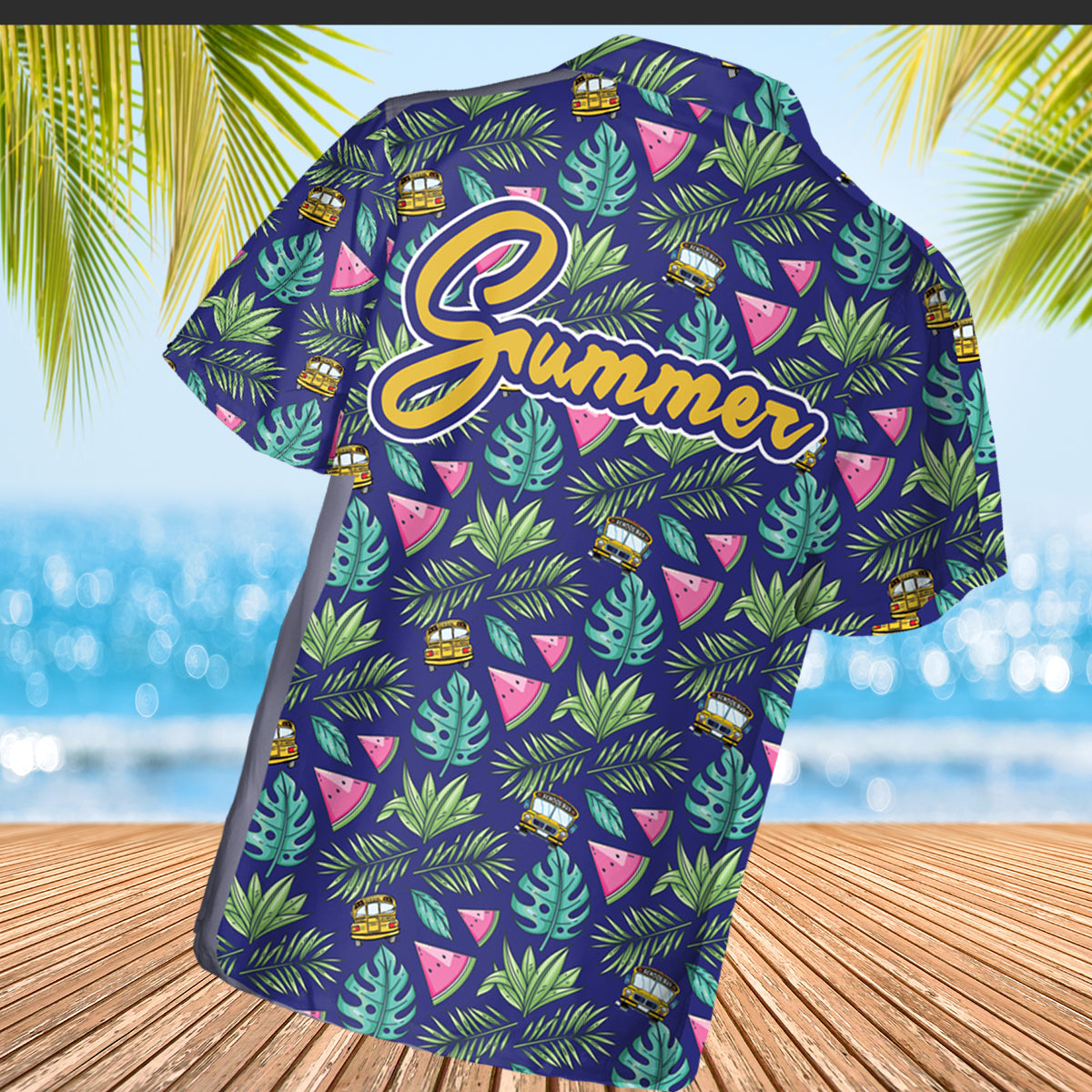 Hawaiian Shirt with School Bus Pattern - Custom Pocket