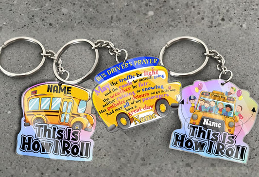 Transparent Acrylic Keychain - School bus cute ( Personalizable )