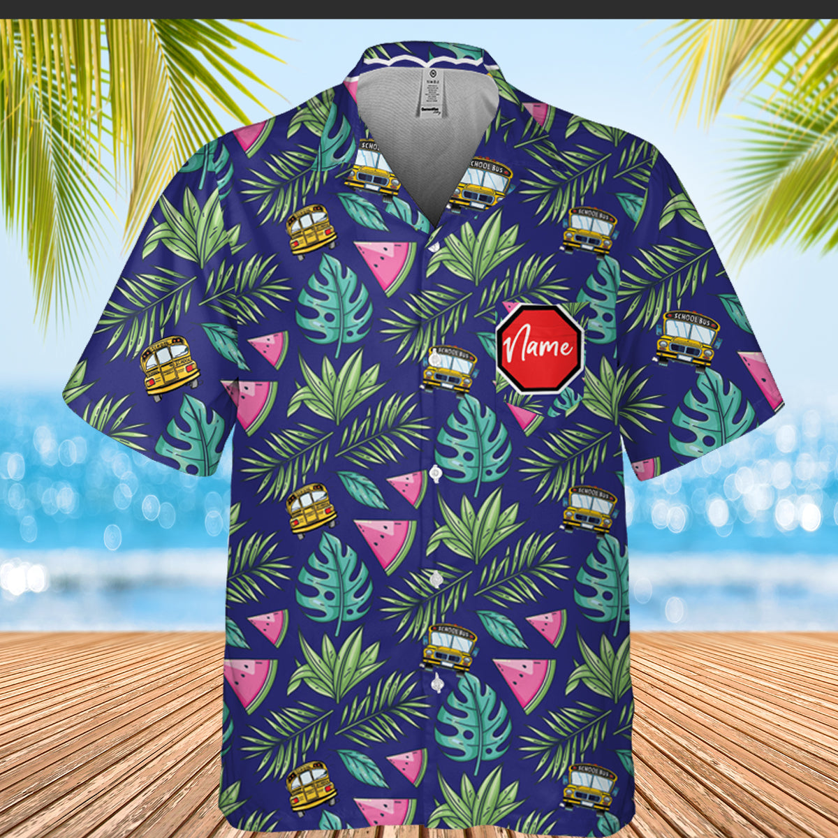 Hawaiian Shirt with School Bus Pattern - Custom Pocket