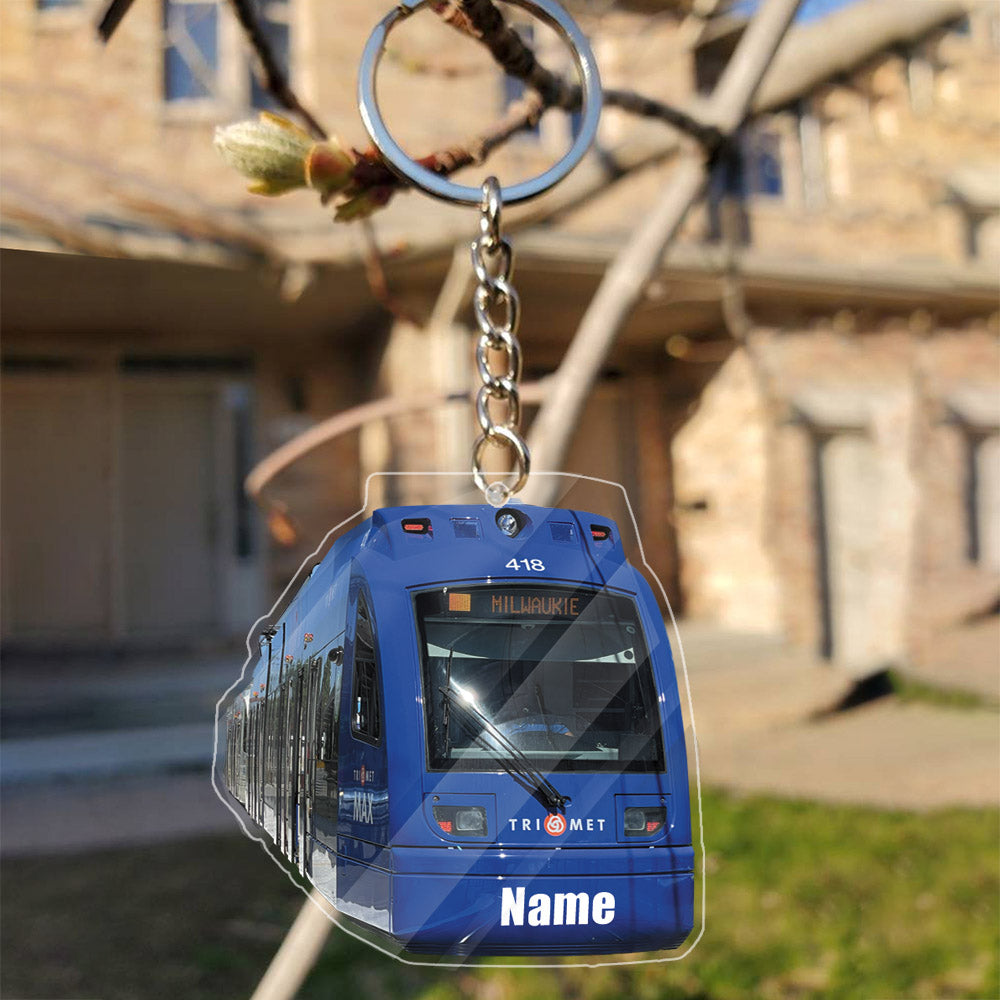 Transparent Acrylic Keychain -  Trimet Milwaukie - a light rail vehicle  ( Personalizable )