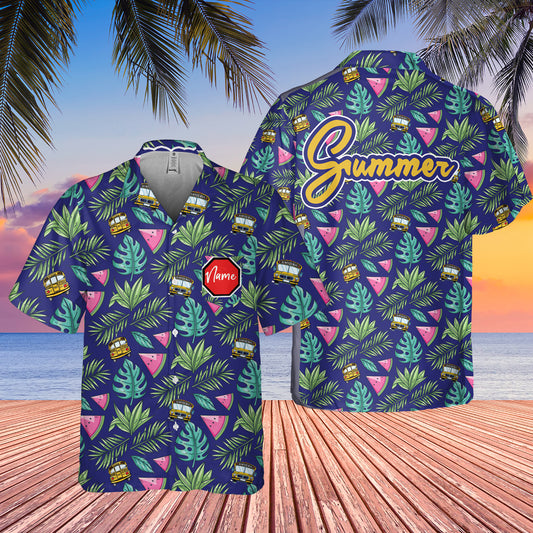 Hawaiian Shirt with School Bus Pattern - Custom Pocket