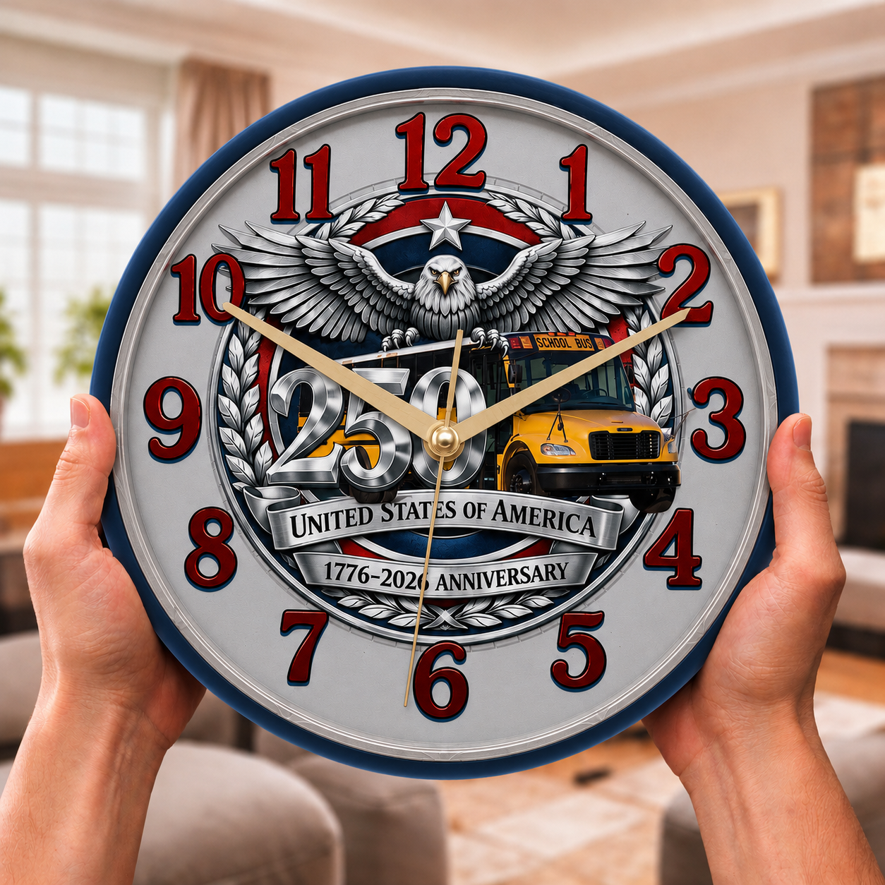 USA 250th Anniversary clock with School bus