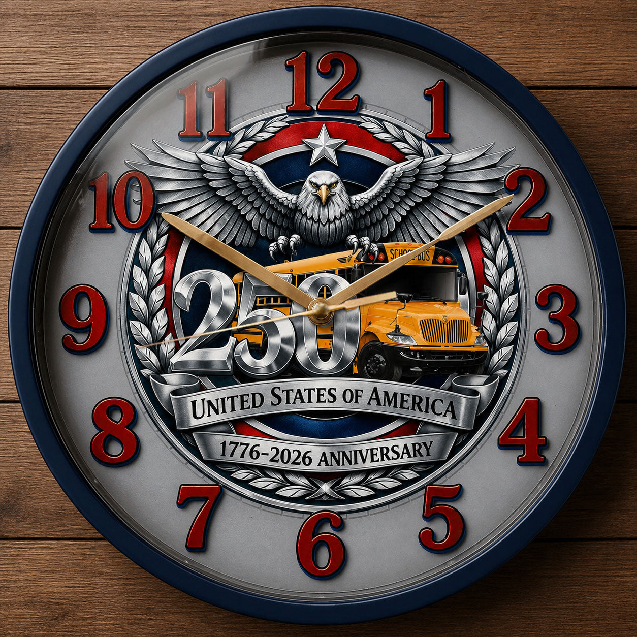 USA 250th Anniversary clock with School bus