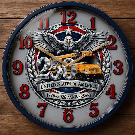 USA 250th Anniversary clock with School bus