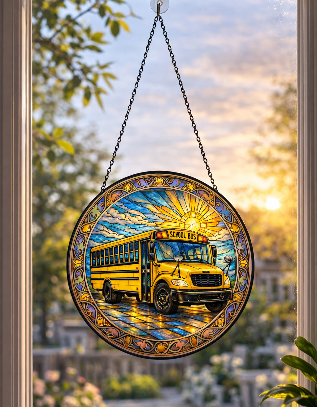 All types of school buses - stained glass suncatcher