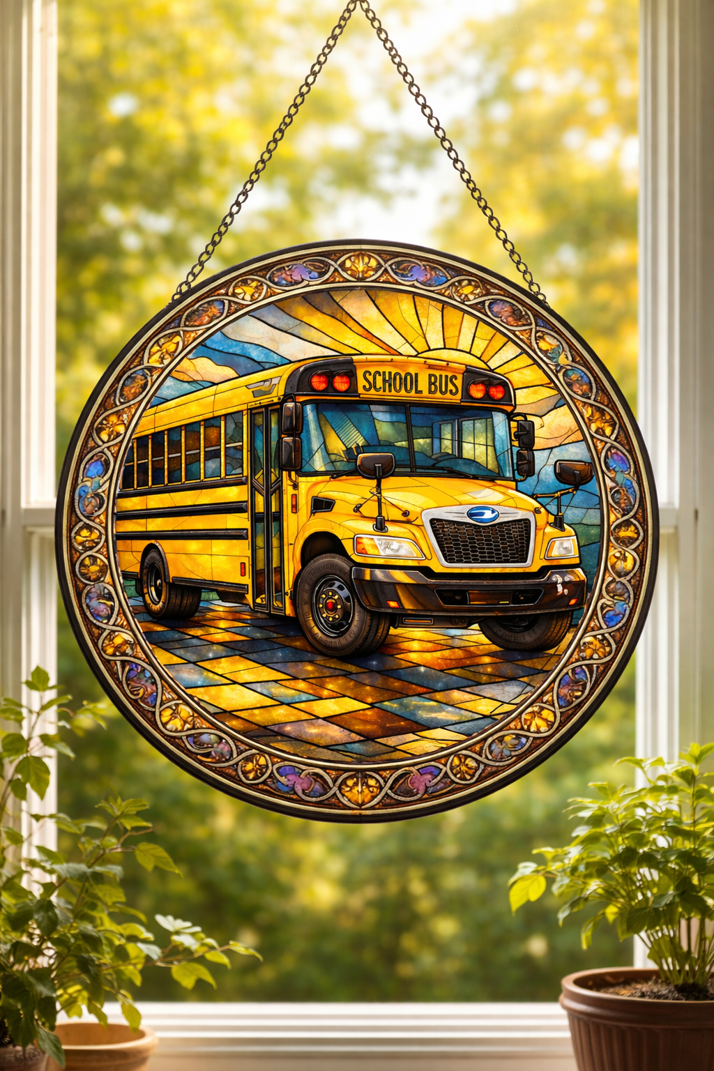 School bus stained glass suncatcher