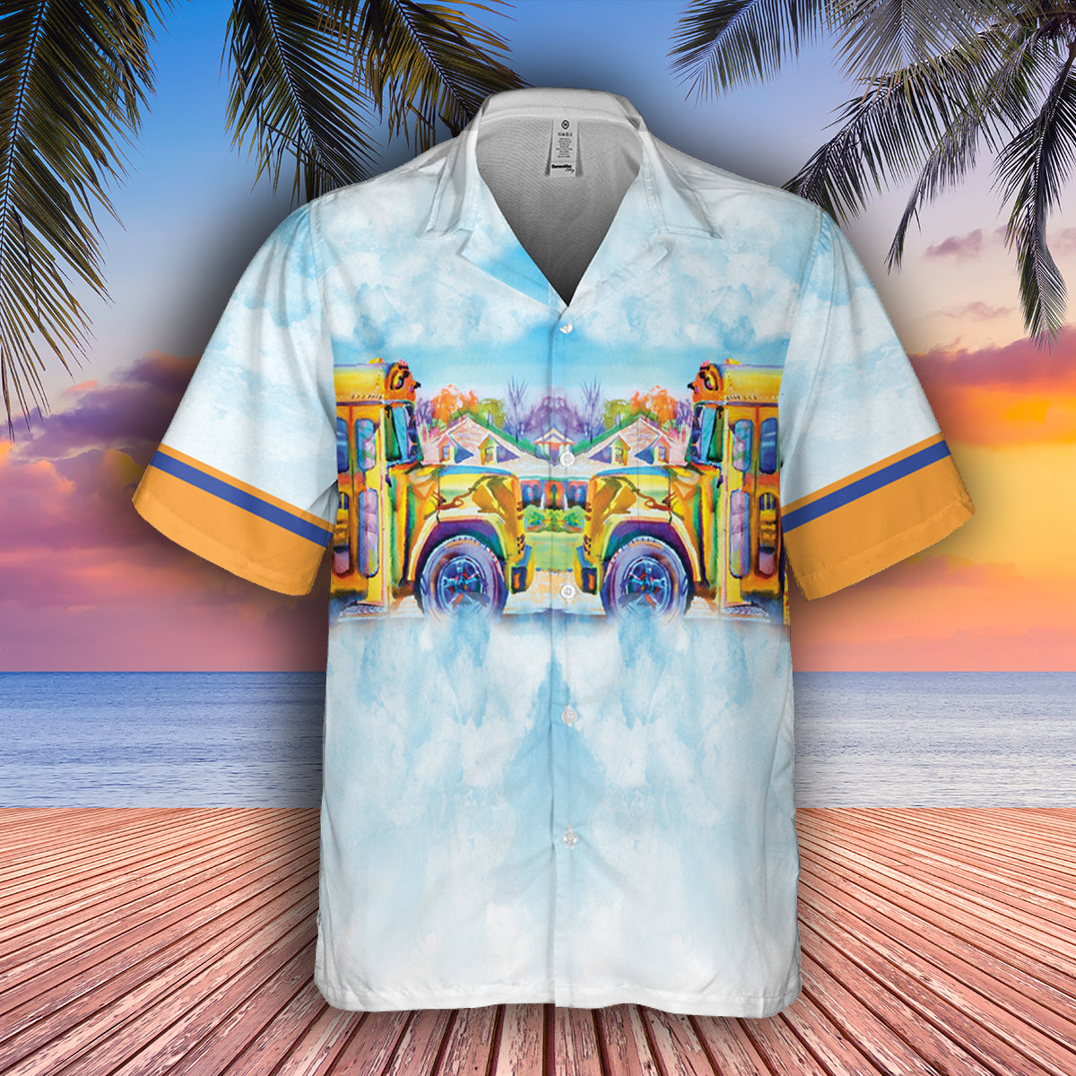 Hawaiian Shirt with School Bus water color