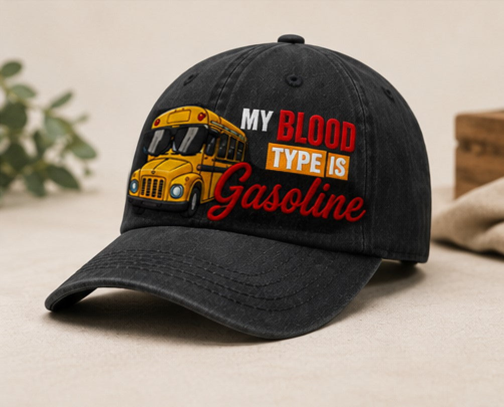 Embroidery Washed Cap for school bus driver - My blood type is...