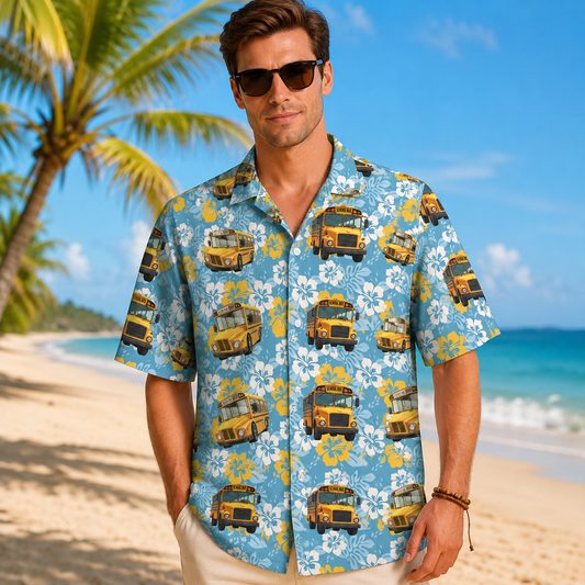 All-Over Print with school bus pattern Short-Sleeve Hawaiian Shirt
