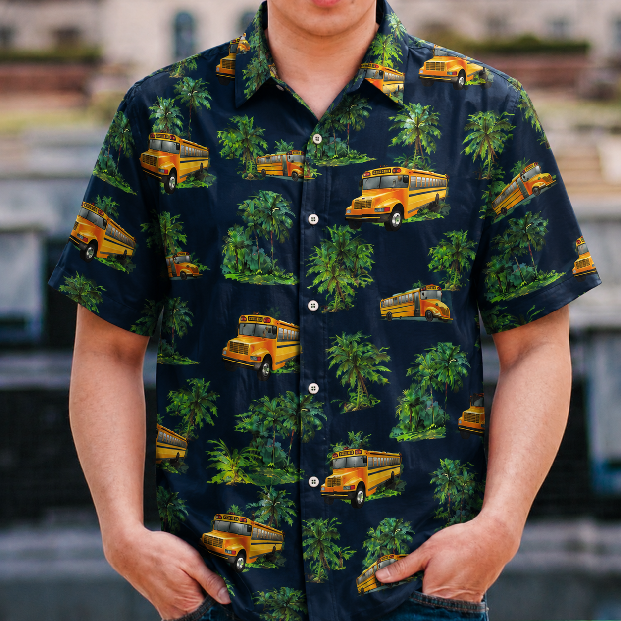 School buses & coconut tree pattern Short-Sleeve Hawaiian Shirt