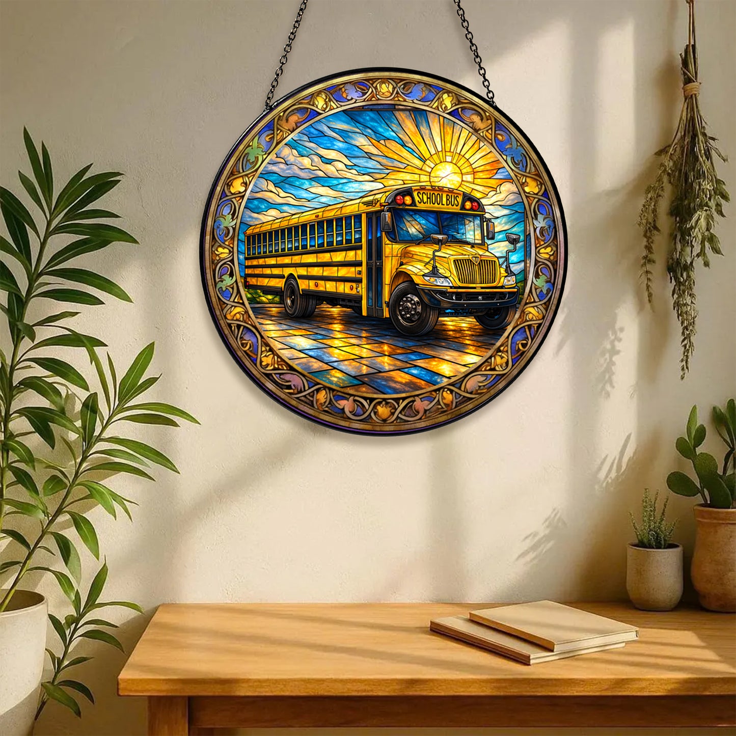 School bus stained glass suncatcher
