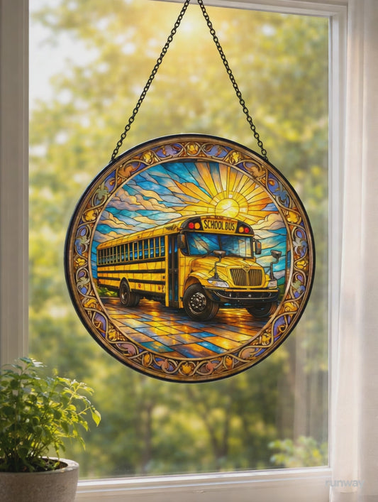 School bus stained glass suncatcher