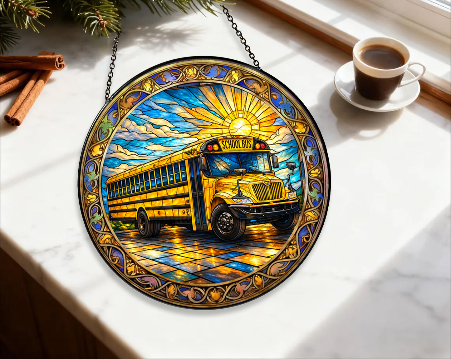 School bus stained glass suncatcher