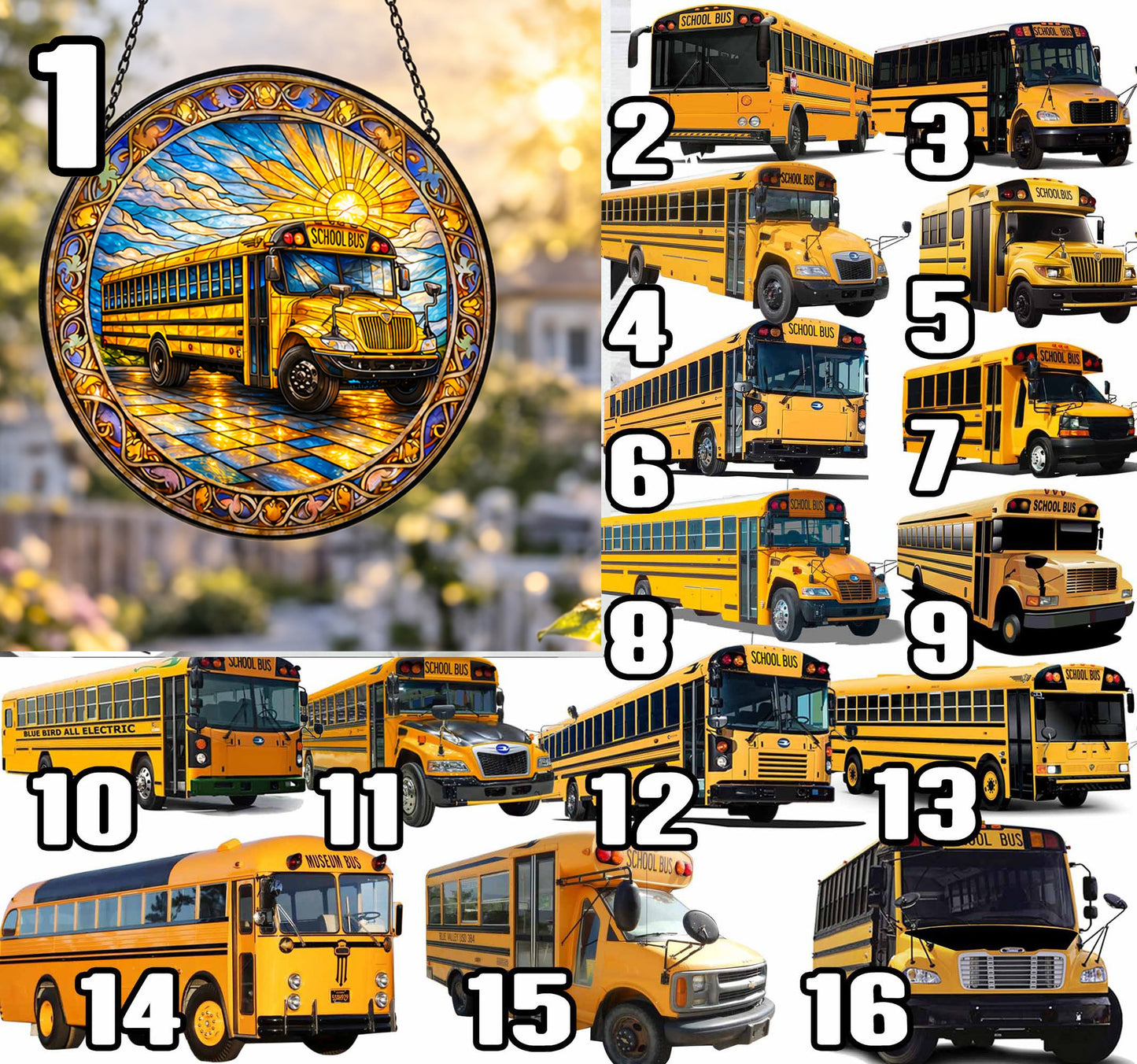 All types of school buses - stained glass suncatcher