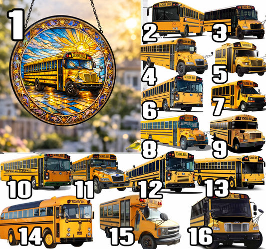 All types of school buses - stained glass suncatcher