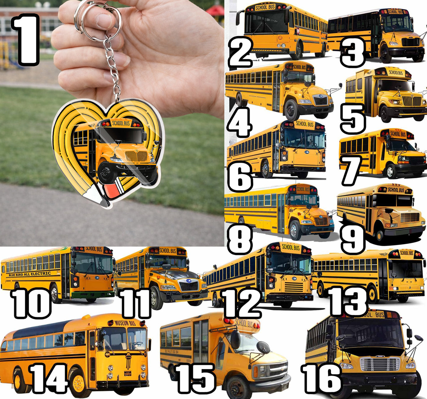 School bus keychains - Heart collection